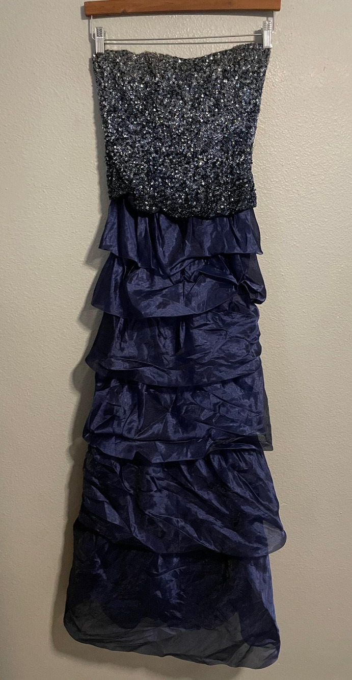 Vintage Jovani Womens Gown Size 4 Navy Blue Strapless Sequin Ruffle Tiered 90s
